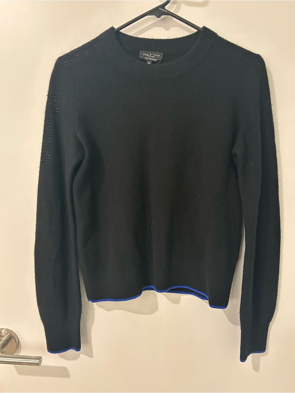 rag & bone Black Crewneck Sweater with Blue Edge Trim